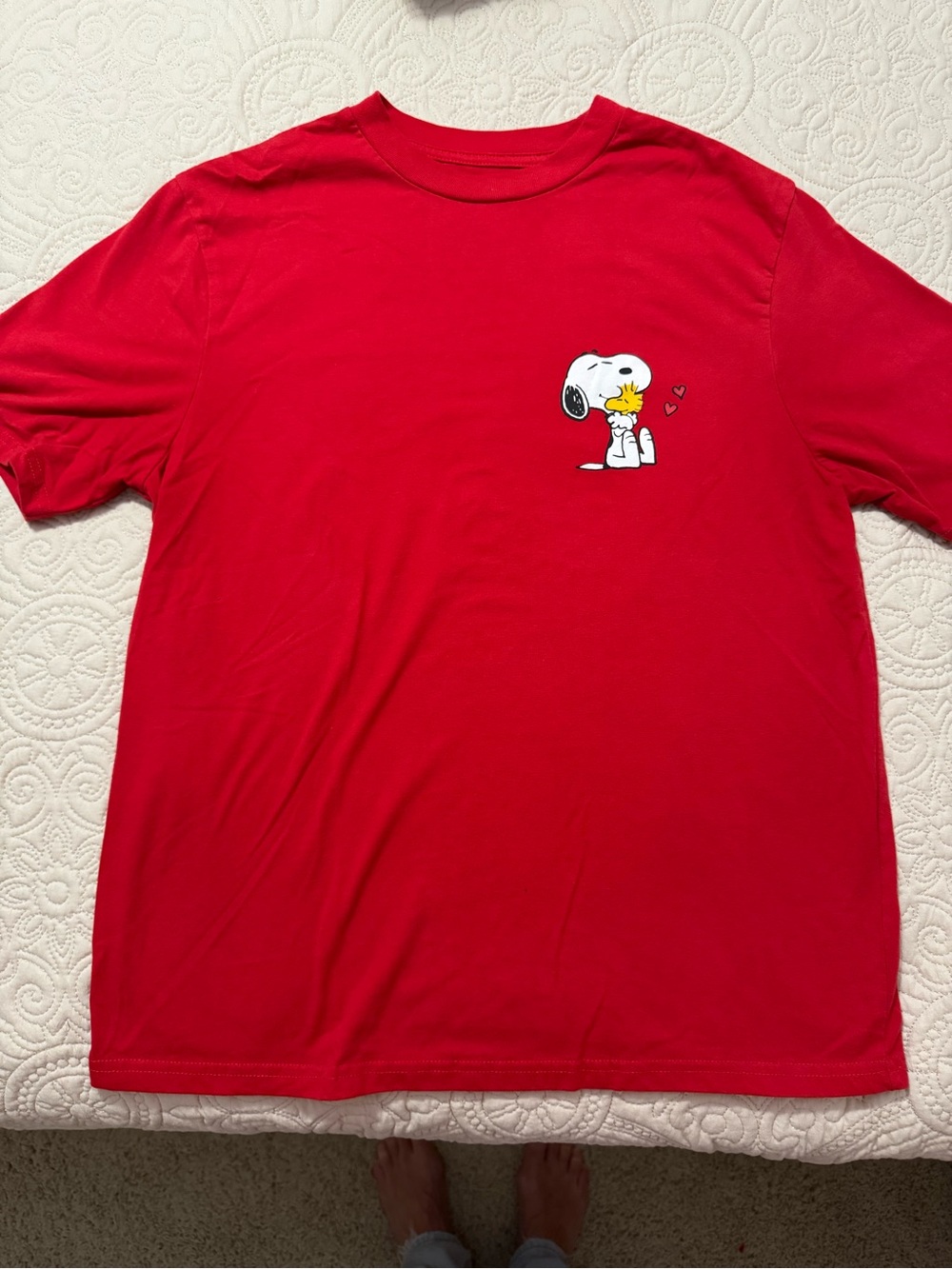 Peanuts Red Crewneck Tee with Snoopy & Woodstock Chest Graphic